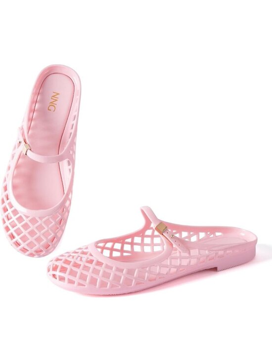 Shoes - Women's Pink Comfort Soft Insole Mary Jane Jelly Mule Slides Flat Sandal Shoes